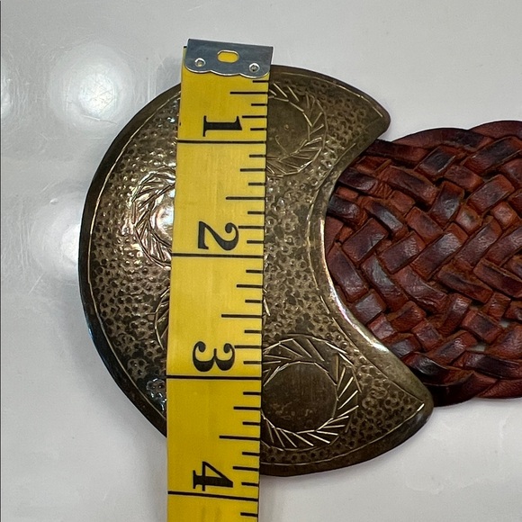 Vintage BOHO Moroccan Genuine Brown Leather Basket Weave Belt with Brass Buckle - Picture 10 of 13